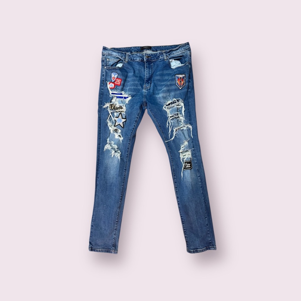 Amiri Light Blue Patchwork Distressed Jeans 40